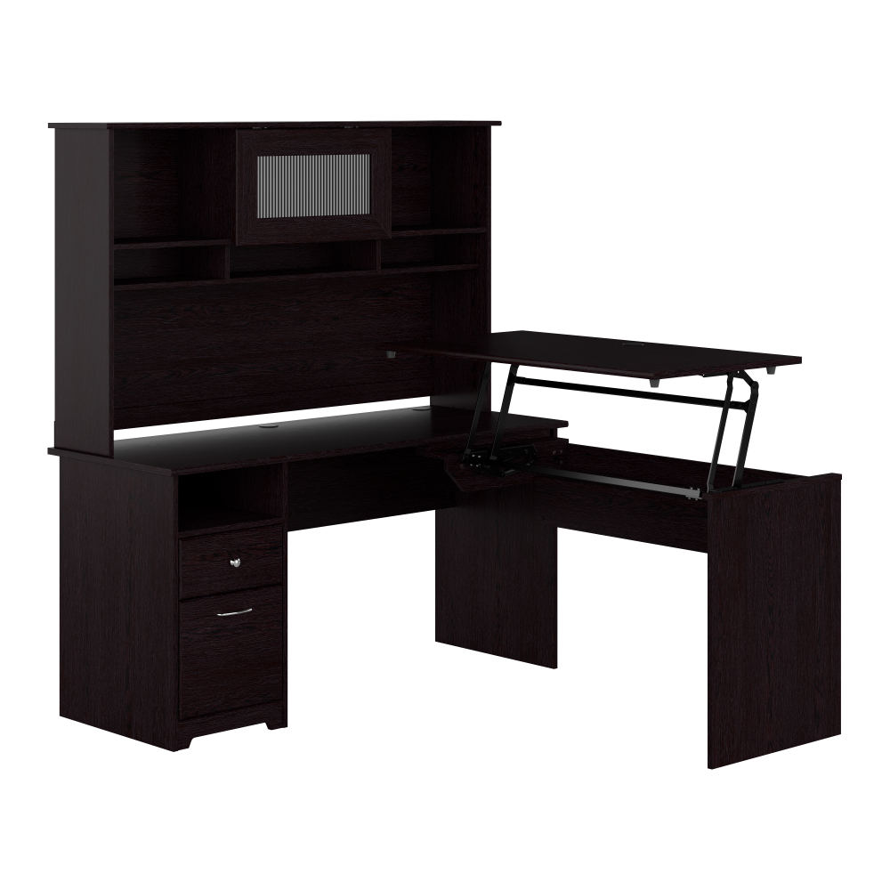 Shop Bush Furniture Cabot 60W 3 Position Sit to Stand L Shaped Desk with Hutch, Image 01, CAB045EPO, #color_espresso oak