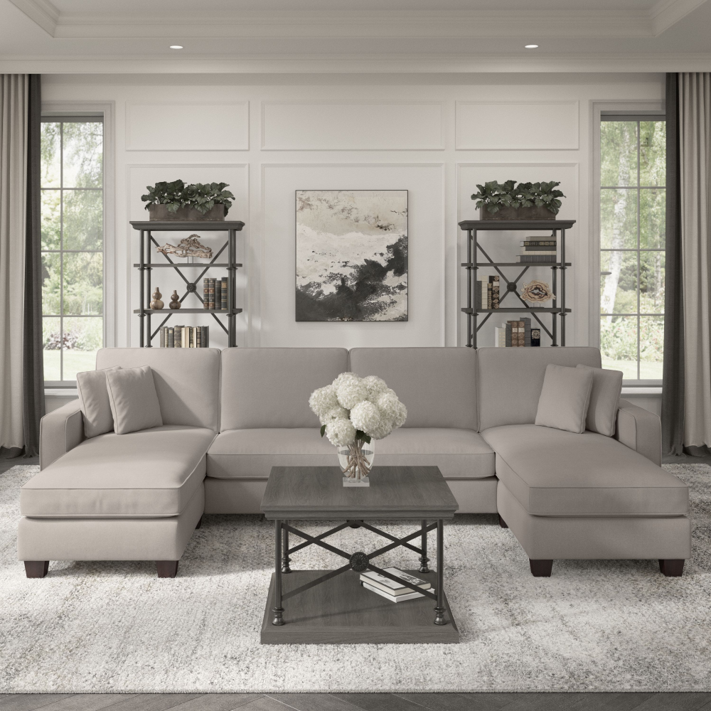 Shop Bush Furniture Stockton 131W Sectional Couch with Double Chaise Lounge, Image 02, SNY130SBGH-03K, #color_beige herringbone fabric
