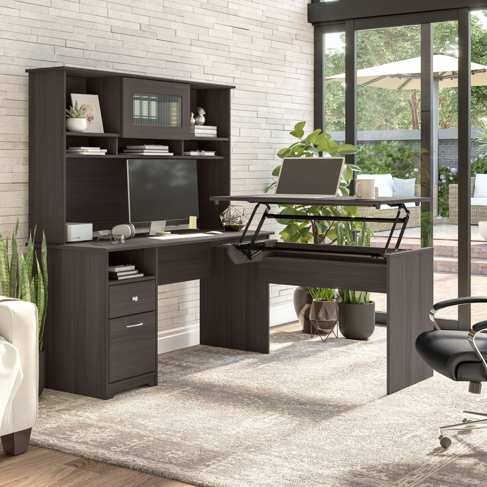 Shop Bush Furniture Cabot 60W 3 Position Sit to Stand L Shaped Desk with Hutch, Image 02, CAB045HRG, #color_heather gray