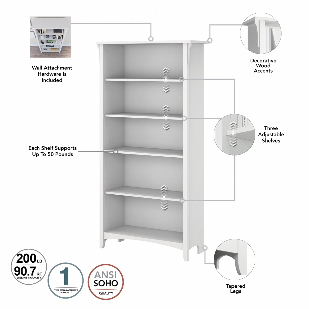 Shop Bush Furniture Salinas Tall 5 Shelf Bookcase, Image 07, SAB132G2W-03, #color_pure white