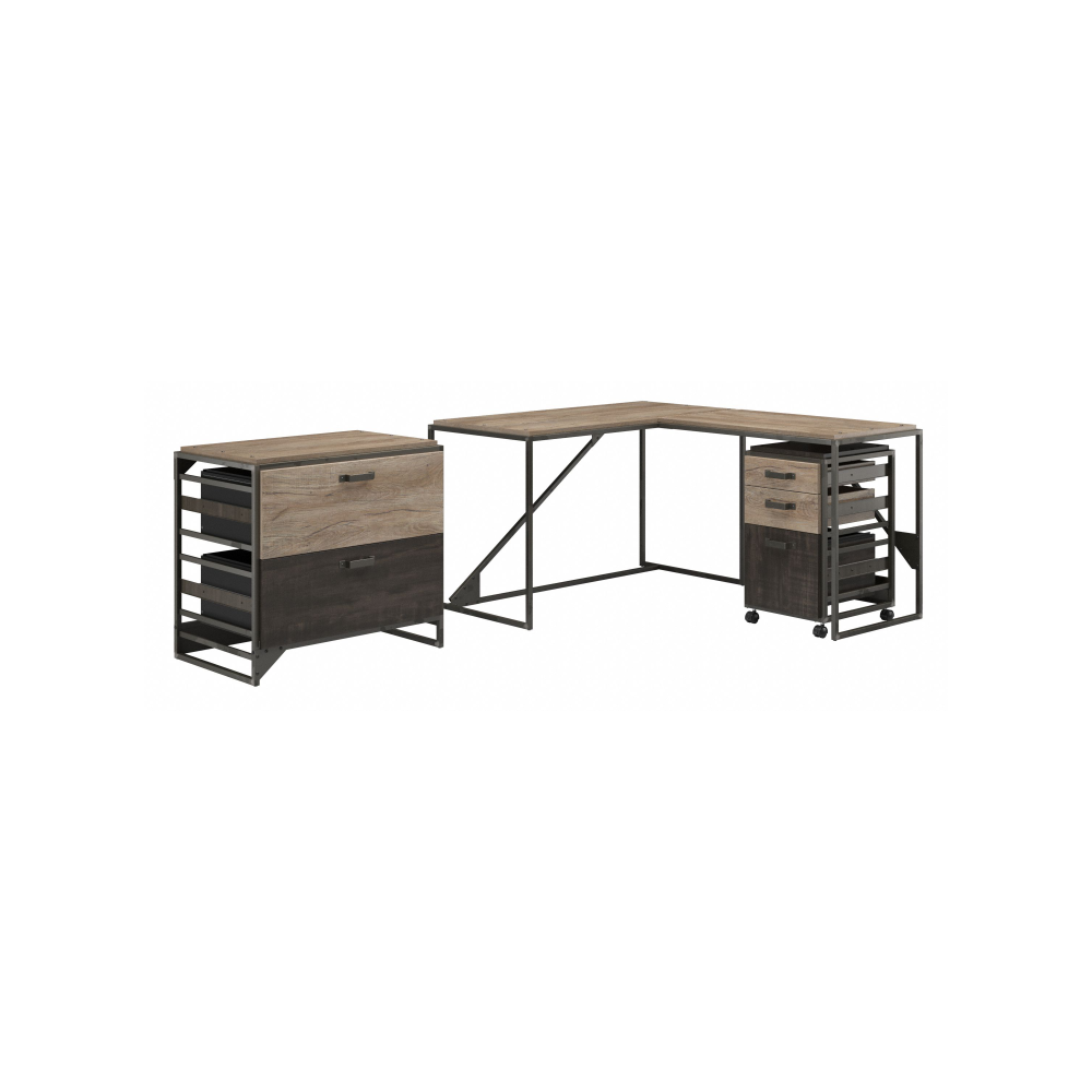 Shop Bush Furniture Refinery 50W L Shaped Industrial Desk with File Cabinets, Image 01, RFY009RG, #color_rustic gray/charred wood
