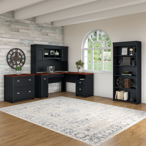 Shop Bush Furniture Fairview 60W L Shaped Desk with Hutch, Lateral File Cabinet and 5 Shelf Bookcase, Image 02, FV006AB, #color_antique black