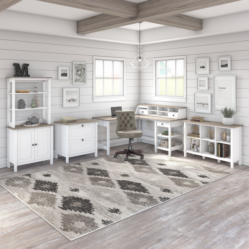 Shop Bush Furniture Mayfield 60W L Shaped Computer Desk with Chair and Storage, Image 02, MAY023GW2, #color_shiplap gray/pure white