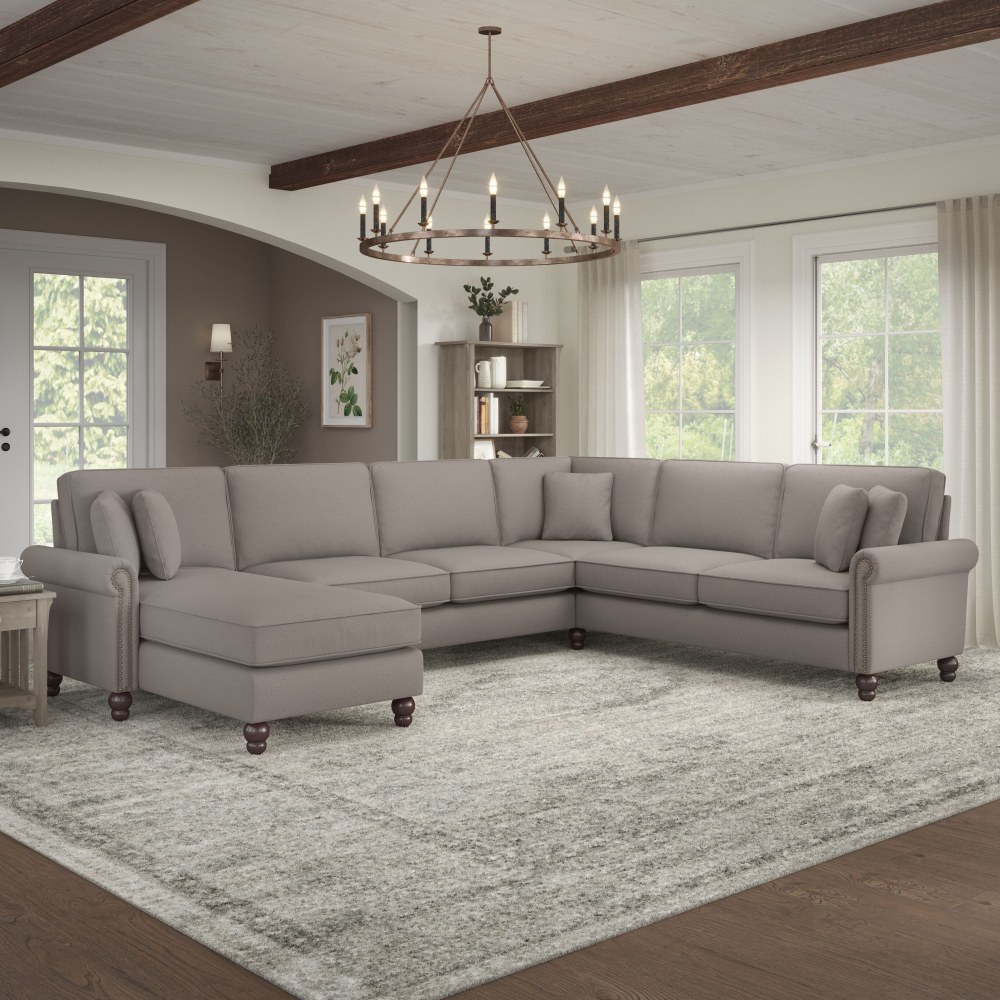 Shop Bush Furniture Coventry 128W U Shaped Sectional Couch with Reversible Chaise Lounge, Image 02, CVY127BBGH-03K, #color_beige herringbone fabric