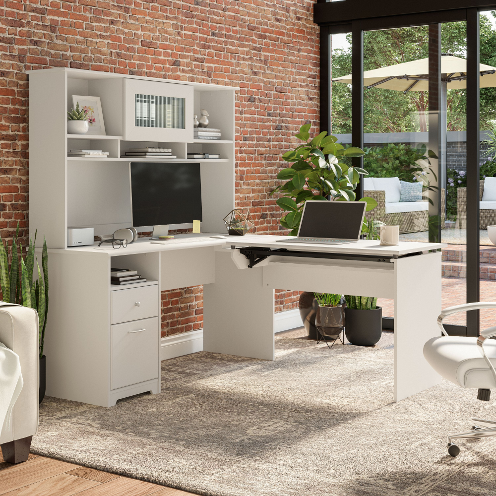 Shop Bush Furniture Cabot 60W 3 Position Sit to Stand L Shaped Desk with Hutch, Image 04, CAB045WHN, #color_white