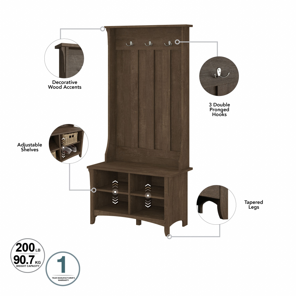 Shop Bush Furniture Salinas Entryway Storage Set with Hall Tree, Shoe Bench and Accent Cabinet, Image 07, SAL008ABR, #color_ash brown