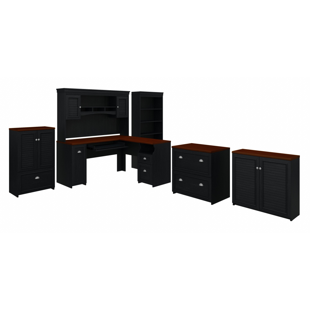 Shop Bush Furniture Fairview 60W L Shaped Desk with Hutch, Bookcase, Storage and File Cabinets, Image 01, FV014AB, #color_antique black/hansen cherry