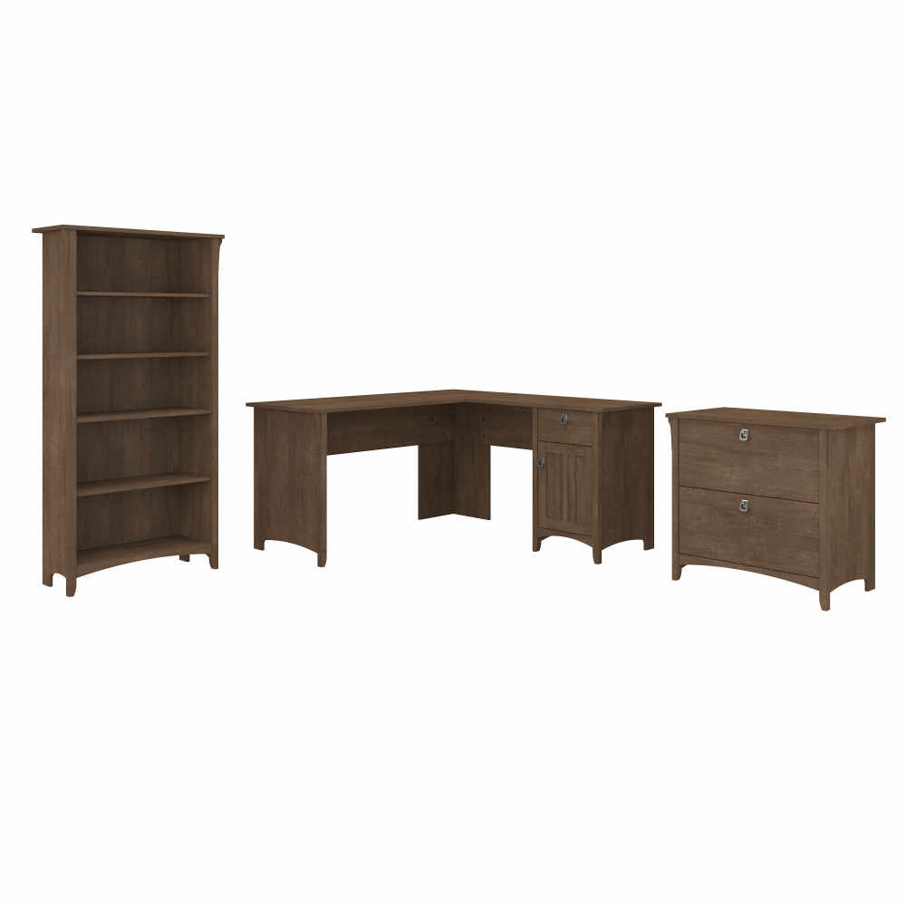 Shop Bush Furniture Salinas 60W L Shaped Desk with Lateral File Cabinet and 5 Shelf Bookcase, Image 01, SAL003ABR, #color_ash brown