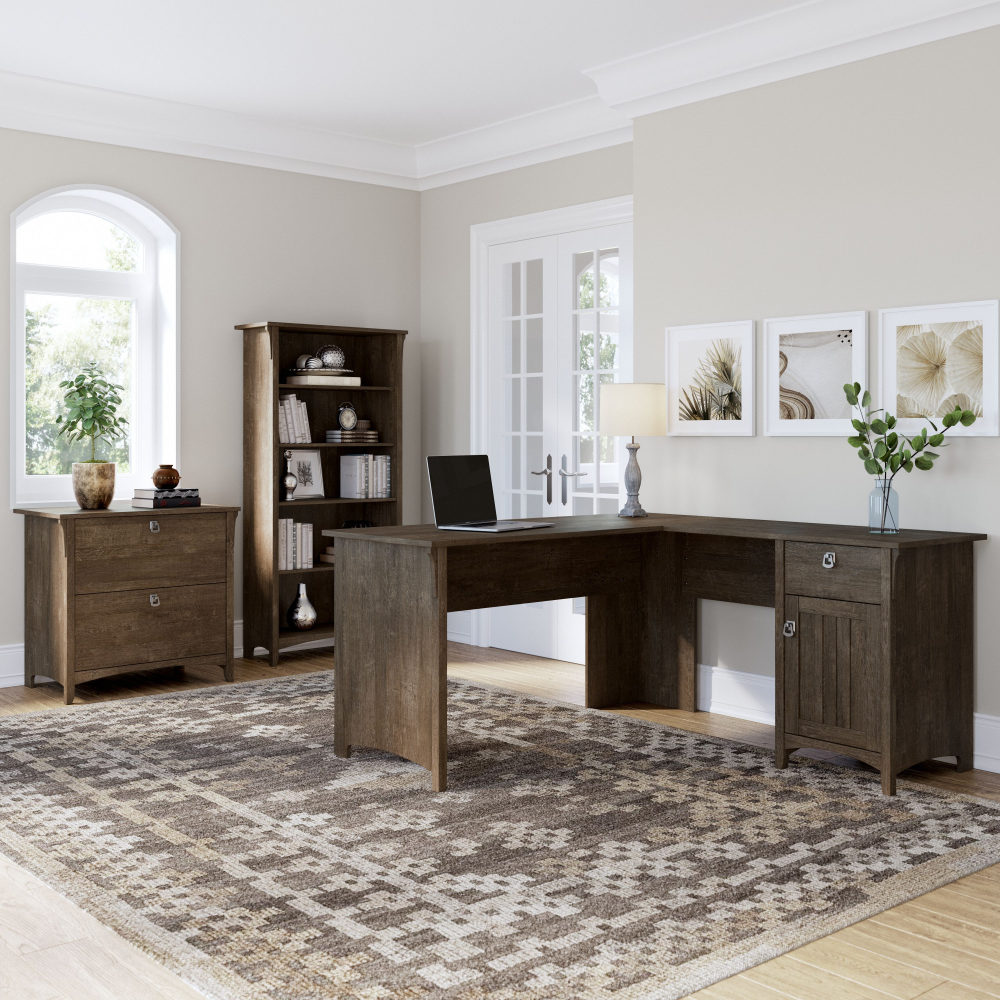 Shop Bush Furniture Salinas 60W L Shaped Desk with Lateral File Cabinet and 5 Shelf Bookcase, Image 02, SAL003ABR, #color_ash brown