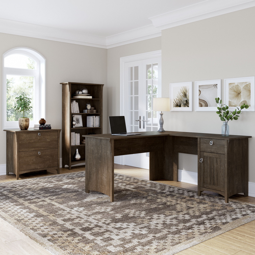 Shop Bush Furniture Salinas 60W L Shaped Desk with Lateral File Cabinet and 5 Shelf Bookcase, Image 02, SAL003ABR, #color_ash brown
