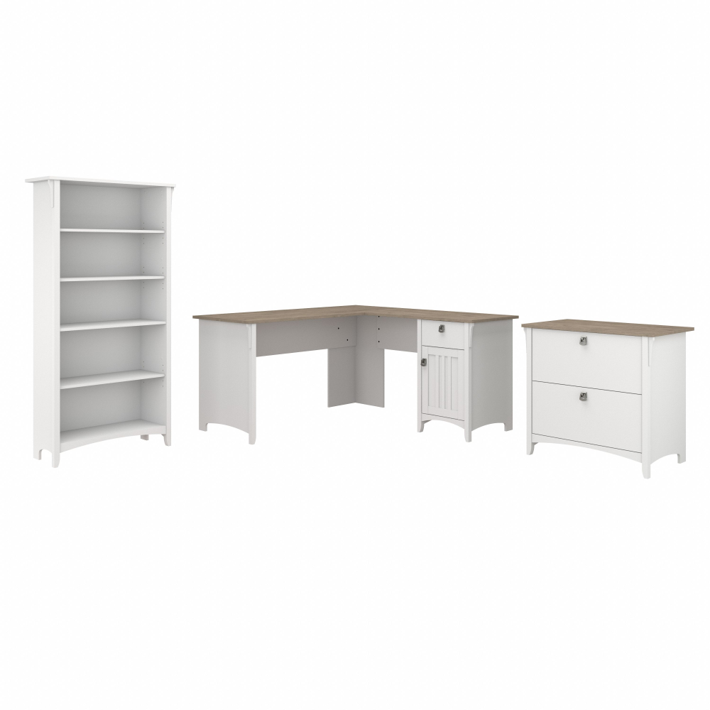 Shop Bush Furniture Salinas 60W L Shaped Desk with Lateral File Cabinet and 5 Shelf Bookcase, Image 01, SAL003G2W, #color_shiplap gray/pure white