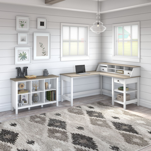 Shop Bush Furniture Mayfield 60W L Shaped Computer Desk with Desktop Organizer and 6 Cube Bookcase, Image 02, MAY013GW2, #color_shiplap gray/pure white