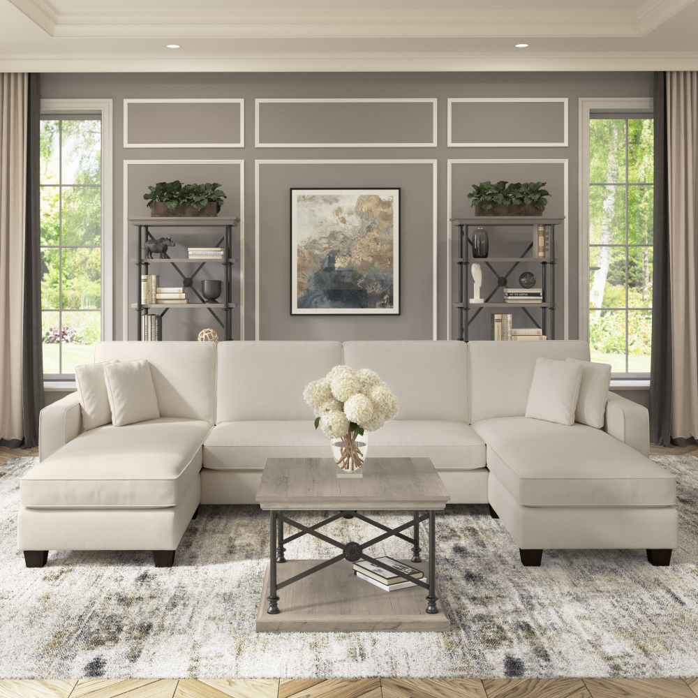 Shop Bush Furniture Stockton 131W Sectional Couch with Double Chaise Lounge, Image 02, SNY130SCRH-03K, #color_cream herringbone fabric