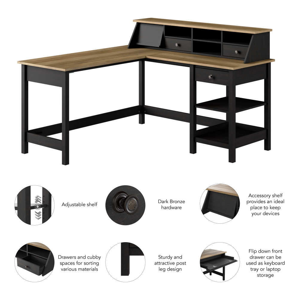 Shop Bush Furniture Mayfield 60W L Shaped Computer Desk with Desktop Organizer, Image 07, MAY012V2P, #color_vintage black/reclaimed pine
