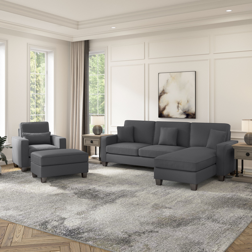 Shop Bush Furniture Stockton 102W Sectional Couch with Reversible Chaise Lounge, Accent Chair, and Ottoman, Image 02, SKT021CGH, #color_charcoal gray herringbone fabr