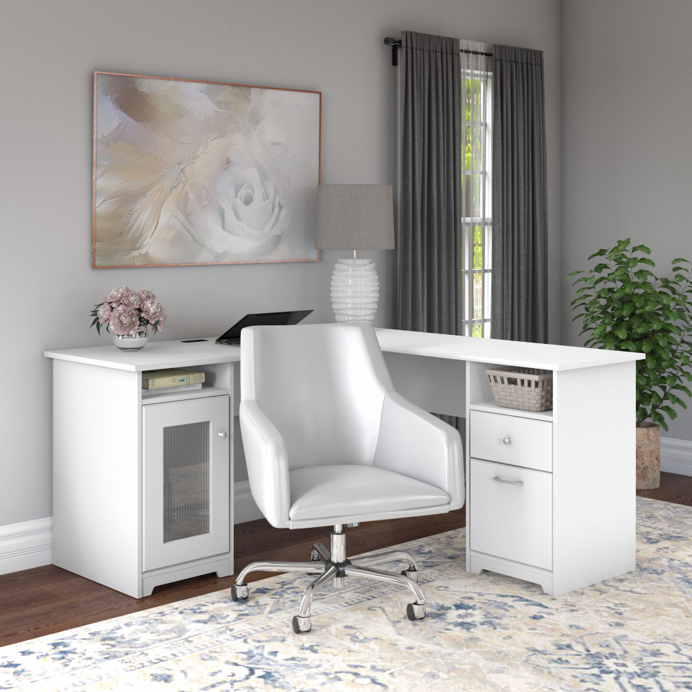 Shop Bush Furniture Cabot 60W L Shaped Computer Desk with Mid Back Leather Box Chair, Image 02, CAB059WHN, #color_white