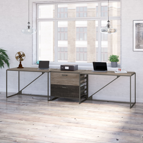 Shop Bush Furniture Refinery 2 Person Industrial Desk Set with Lateral File Cabinet, Image 02, RFY019RG, #color_rustic gray/charred wood