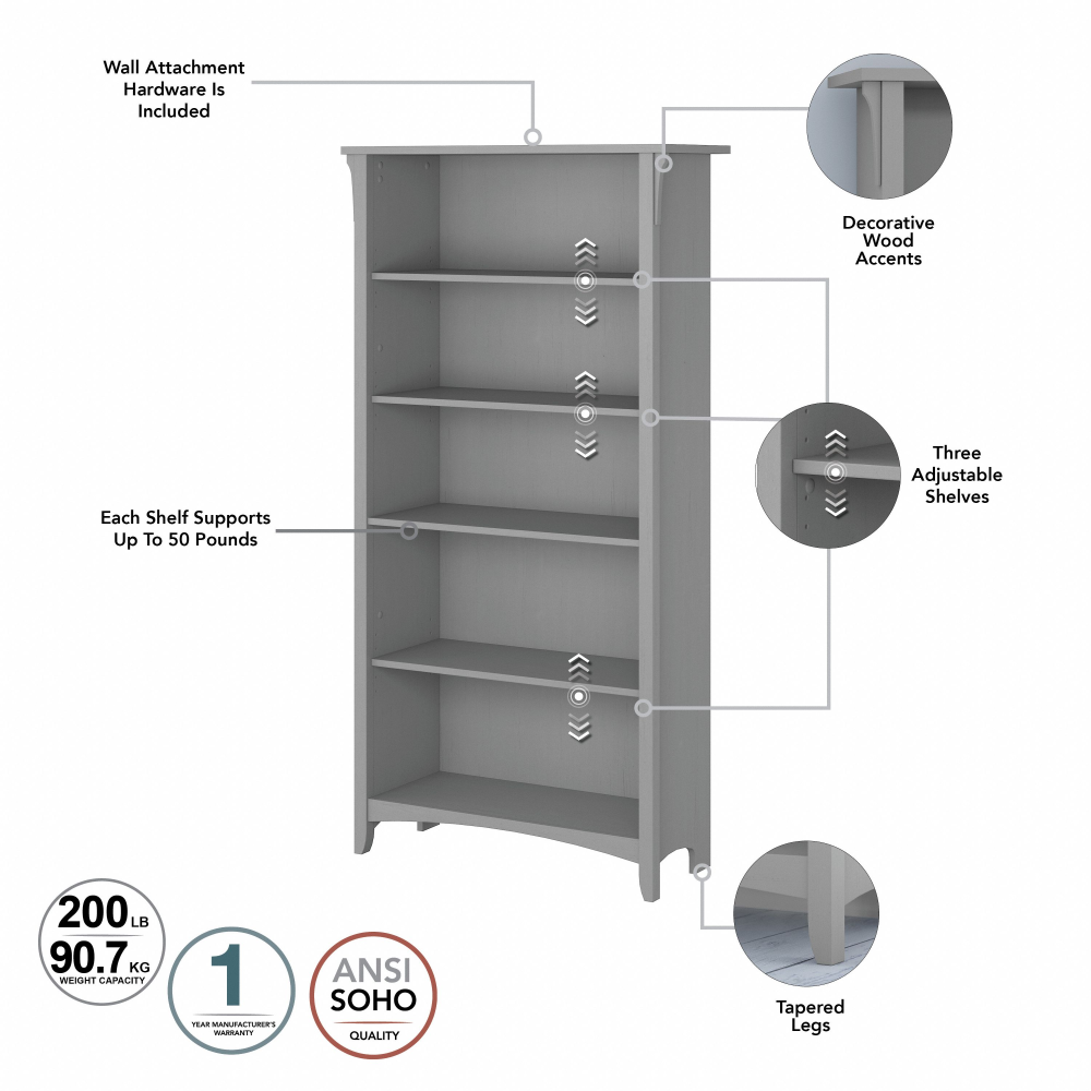 Shop Bush Furniture Salinas Tall 5 Shelf Bookcase, Image 05, SAB132CG-03, #color_cape cod gray