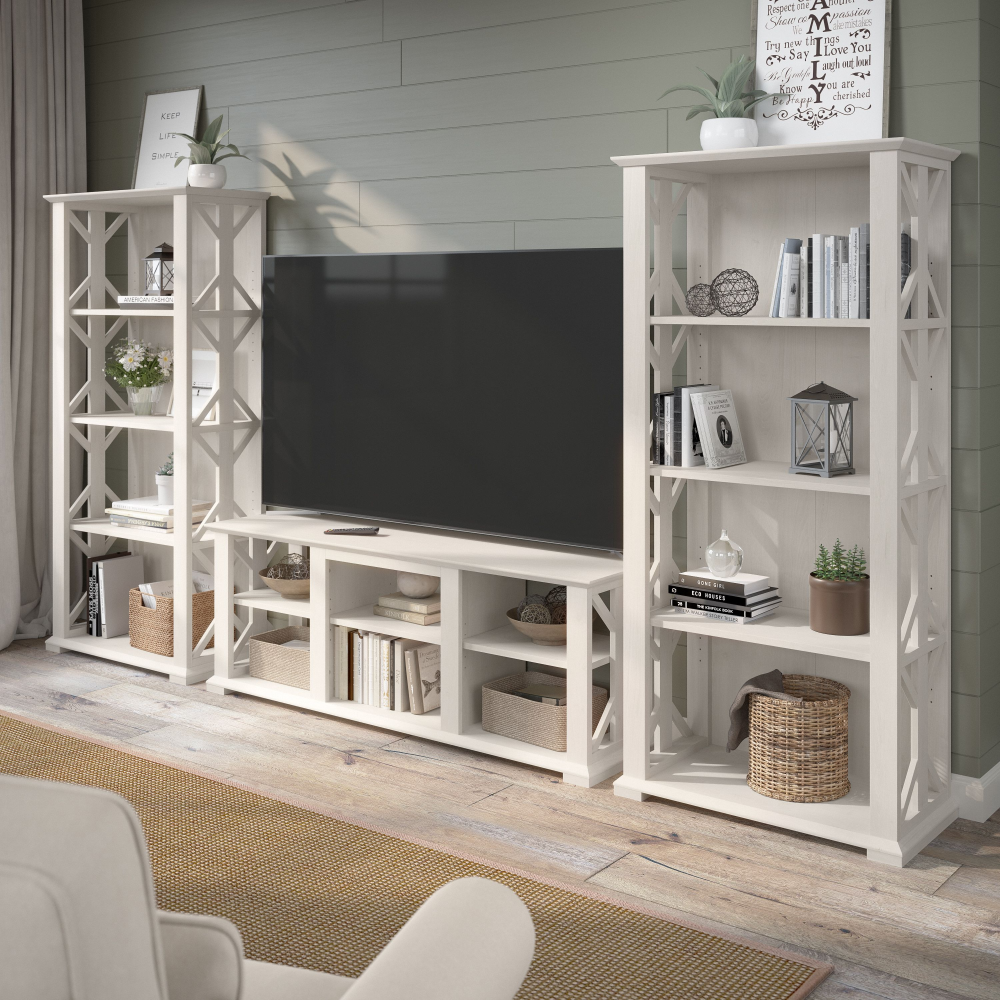 Shop Bush Furniture Homestead Farmhouse TV Stand for 70 Inch TV with 4 Shelf Farmhouse Bookcase Set, Image 02, HOT012LW, #color_linen white oak