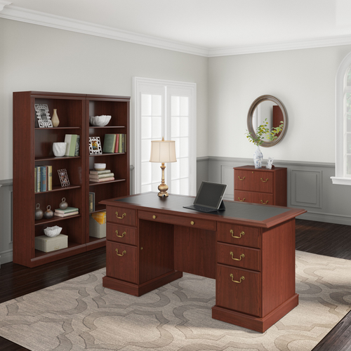 Shop Bush Furniture Saratoga Executive Desk with File Cabinet and Bookcase Set, Image 02, SAR001CS, #color_harvest cherry