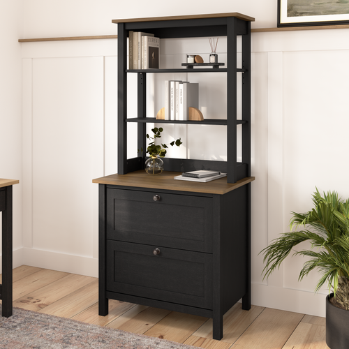 Shop Bush Furniture Mayfield Bookcase with Drawers, Image 02, MAY018V2P, #color_vintage black/reclaimed pine
