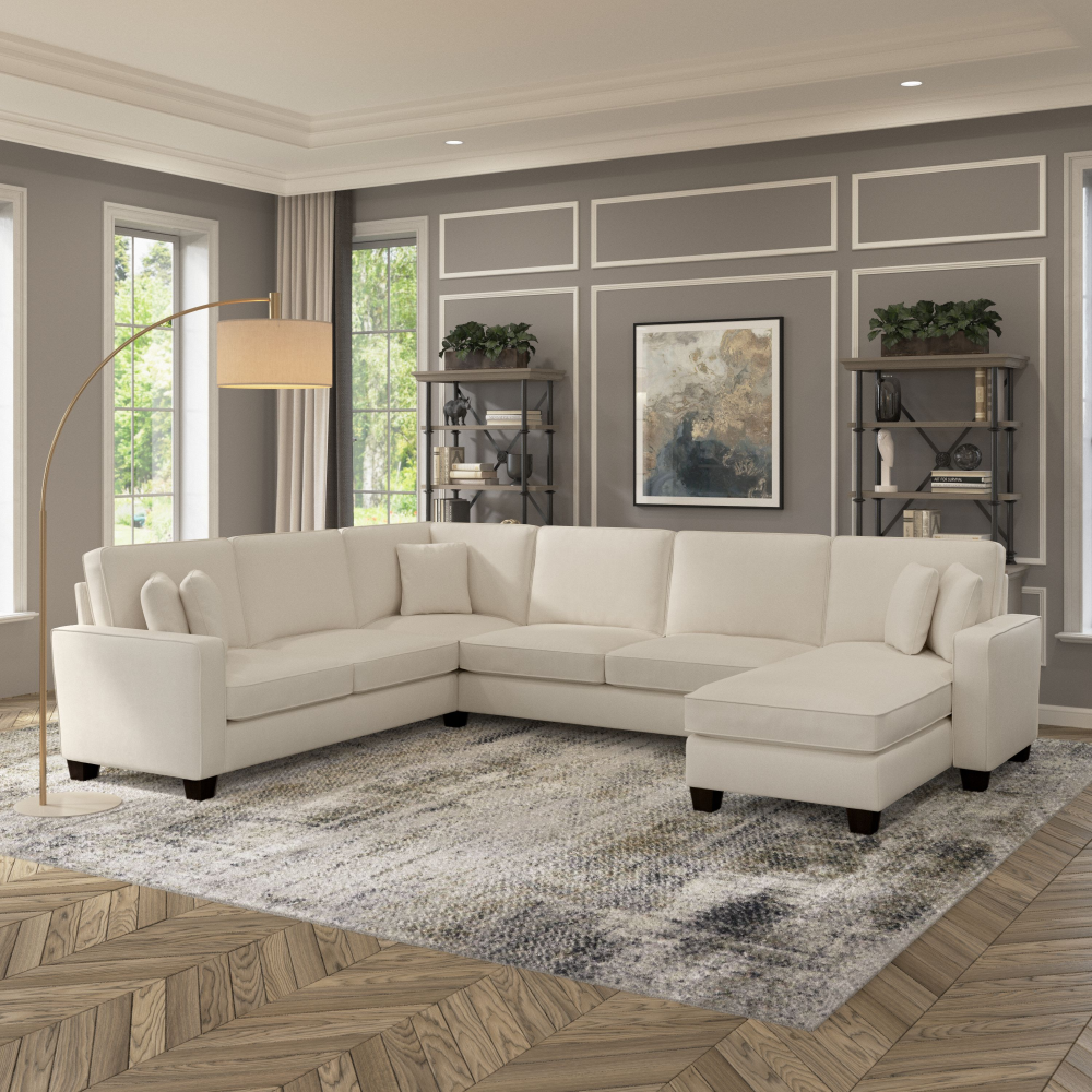 Shop Bush Furniture Stockton 128W U Shaped Sectional Couch with Reversible Chaise Lounge, Image 02, SNY127SCRH-03K, #color_cream herringbone fabric