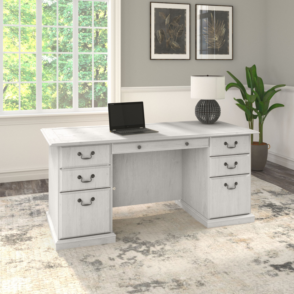 Shop Bush Furniture Saratoga Executive Desk with Drawers, Image 02, EX45766-03K, #color_linen white oak