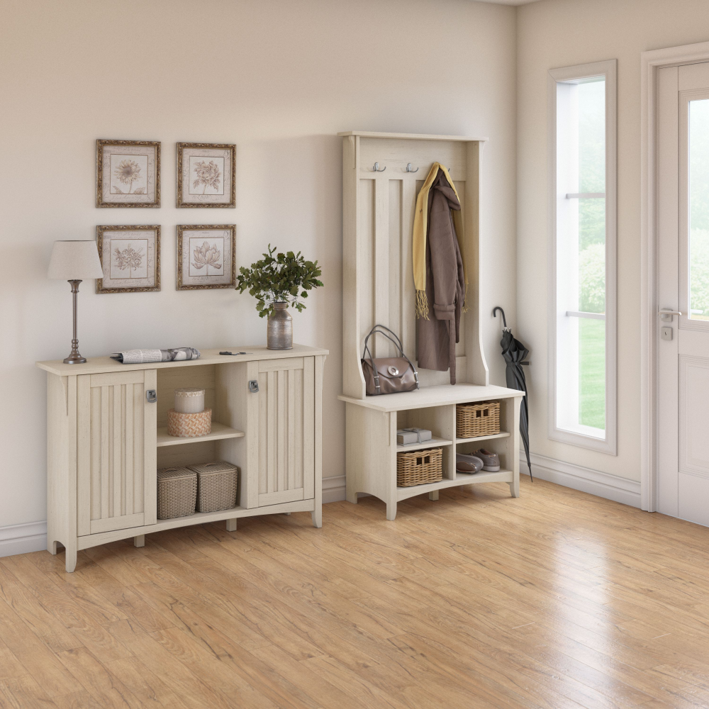 Shop Bush Furniture Salinas Entryway Storage Set with Hall Tree, Shoe Bench and Accent Cabinet, Image 02, SAL008AW, #color_antique white