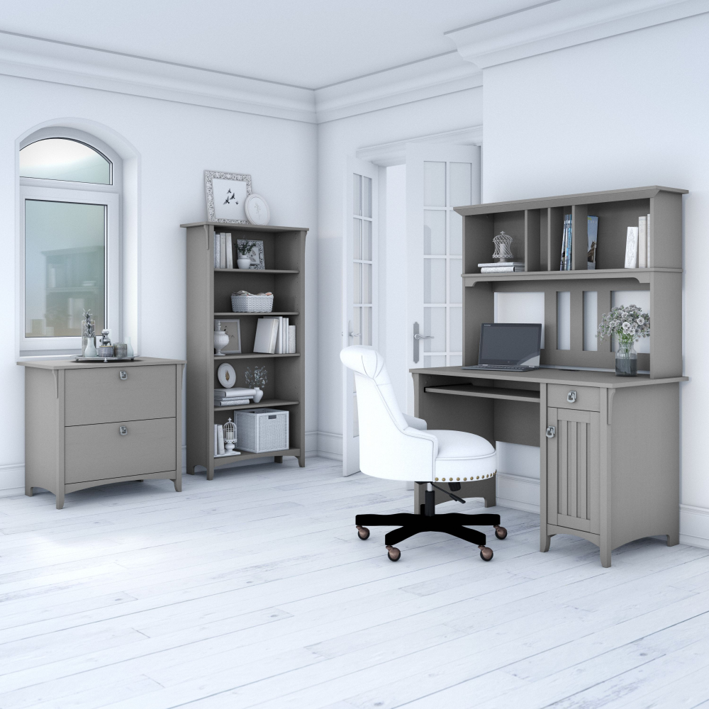 Shop Bush Furniture Salinas Mission Desk with Hutch, Lateral File Cabinet and 5 Shelf Bookcase, Image 02, SAL002CG, #color_cape cod gray