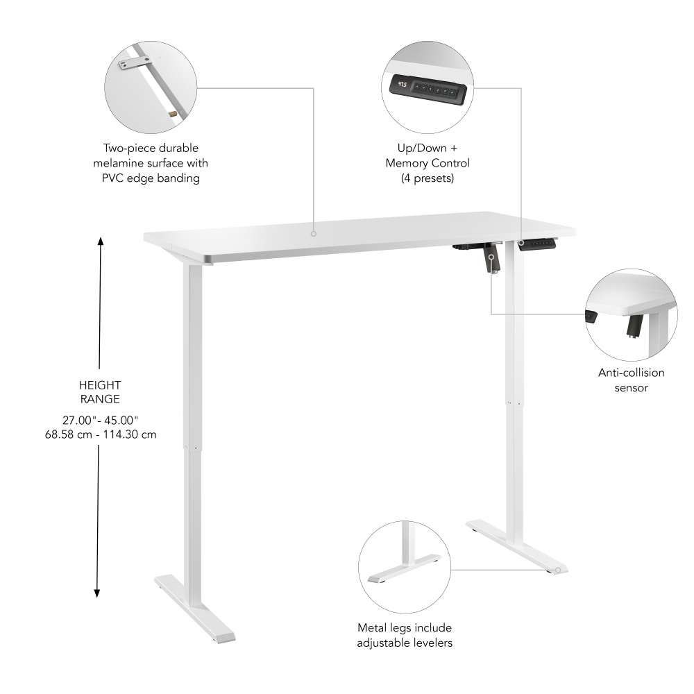 Shop Bush Furniture Energize 55W x 24D Electric Height Adjustable Standing Desk, Image 08, EZ155WHW-03, #color_basic white/white frame
