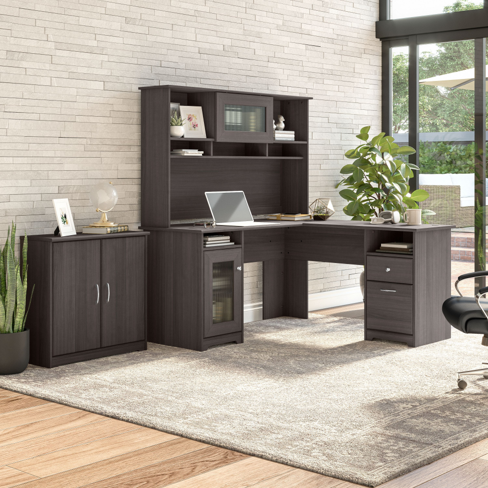 Shop Bush Furniture Cabot 60W L Shaped Computer Desk with Hutch and Small Storage Cabinet, Image 02, CAB016HRG, #color_heather gray