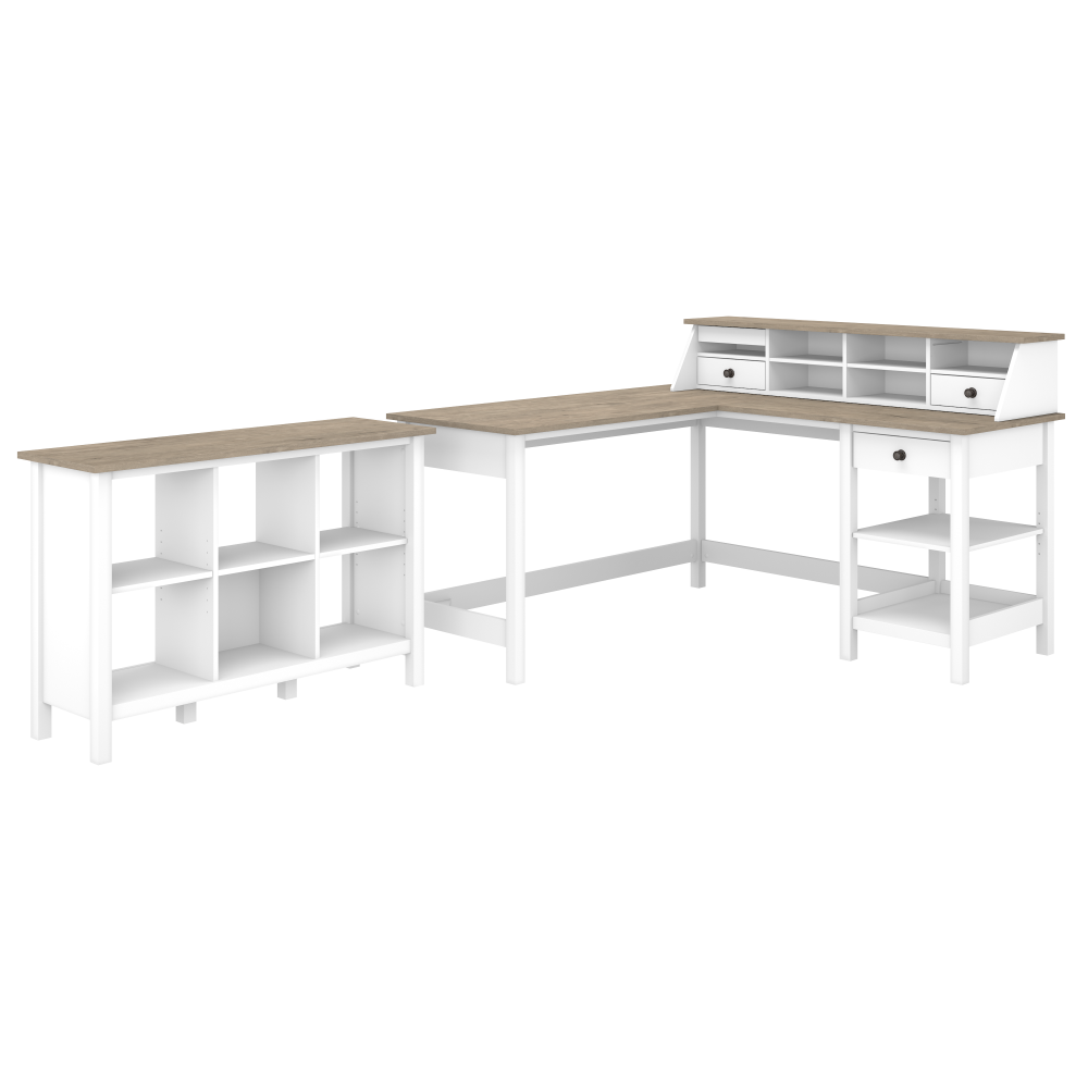 Shop Bush Furniture Mayfield 60W L Shaped Computer Desk with Desktop Organizer and 6 Cube Bookcase, Image 01, MAY013GW2, #color_shiplap gray/pure white