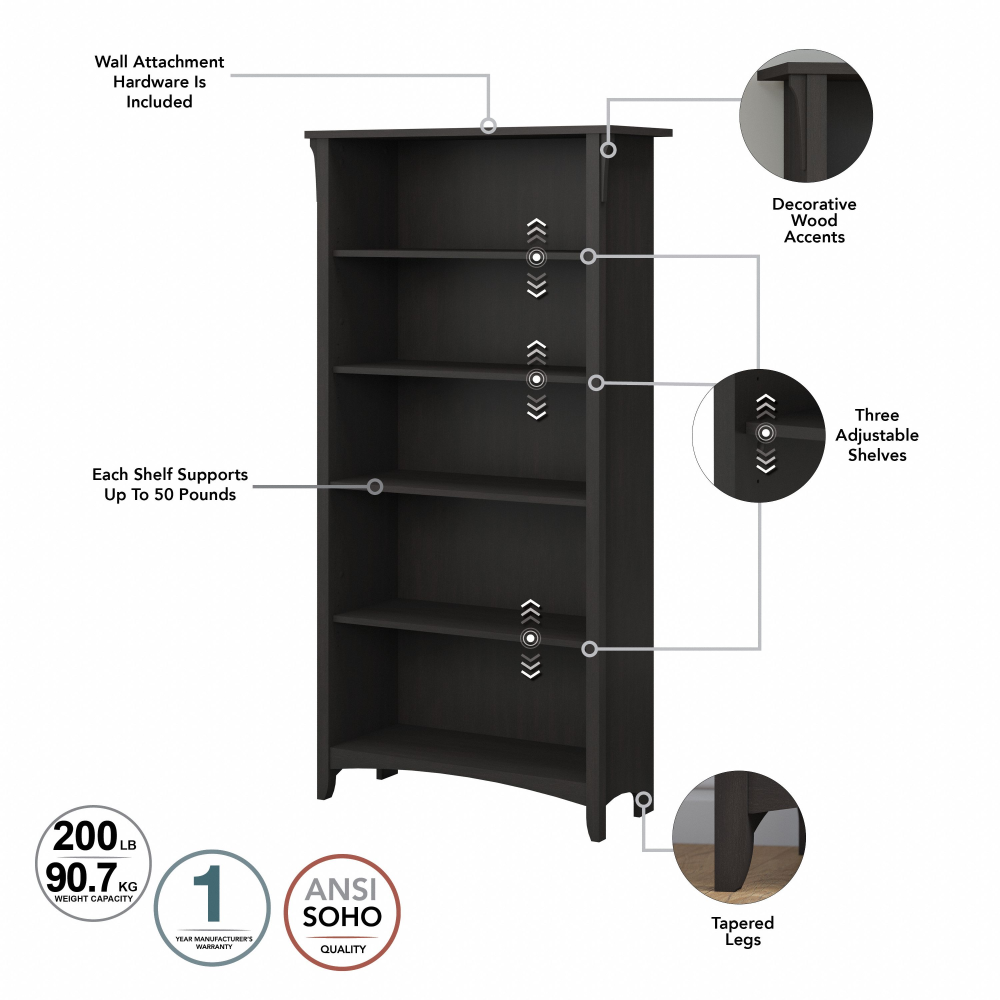 Shop Bush Furniture Salinas Tall 5 Shelf Bookcase, Image 05, SAB132VB-03, #color_vintage black