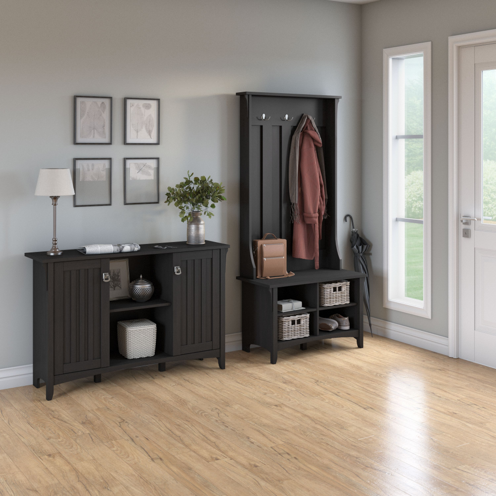 Shop Bush Furniture Salinas Entryway Storage Set with Hall Tree, Shoe Bench and Accent Cabinet, Image 02, SAL008VB, #color_vintage black