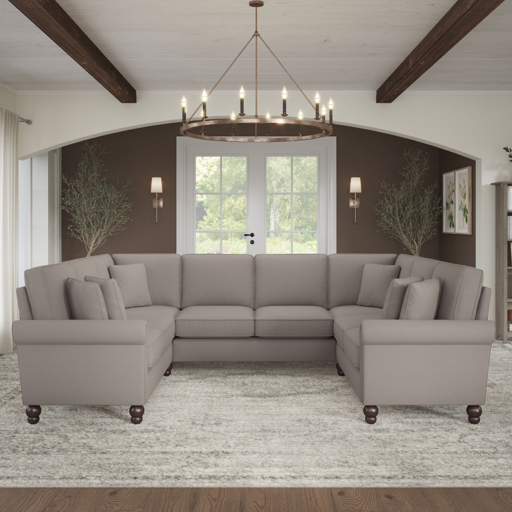 Shop Bush Furniture Coventry 113W U Shaped Sectional Couch, Image 02, CVY112BBGH-03K, #color_beige herringbone fabric