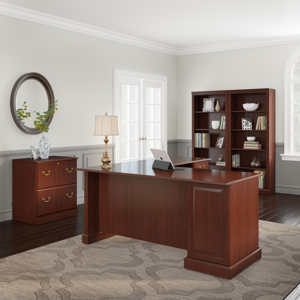 Shop Bush Furniture Saratoga L Shaped Computer Desk with File Cabinet and Bookcase Set, Image 02, SAR002CS, #color_harvest cherry