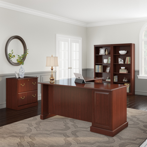 Shop Bush Furniture Saratoga L Shaped Computer Desk with File Cabinet and Bookcase Set, Image 02, SAR002CS, #color_harvest cherry