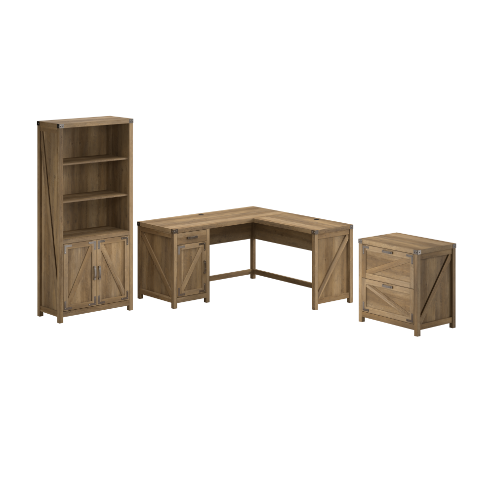 Shop Bush Furniture Knoxville 60W L Shaped Desk with Lateral File Cabinet and 5 Shelf Bookcase, Image 01, CGR005RCP, #color_reclaimed pine
