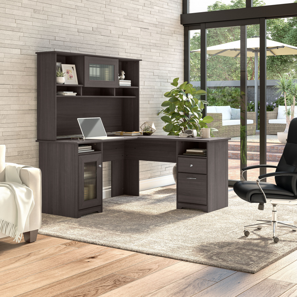 Shop Bush Furniture Cabot 60W L Shaped Computer Desk with Hutch and Storage, Image 02, CAB001HRG, #color_heather gray