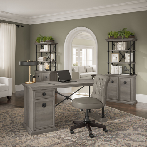 Shop Bush Furniture Coliseum 60W Designer Desk with Set of Two Bookcases with Doors, Image 02, CSM004DG, #color_driftwood gray