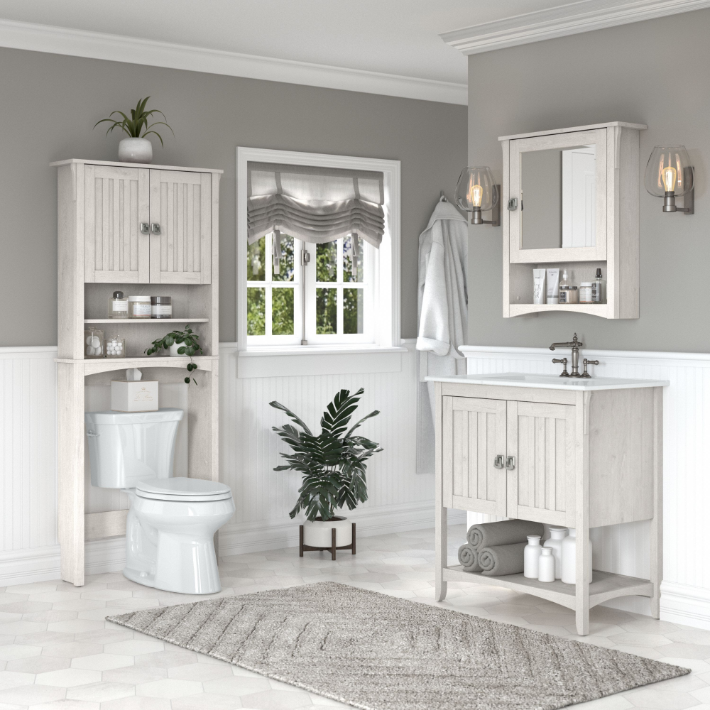 Shop Bush Furniture Salinas 32W Bathroom Vanity Sink with Mirror and Over The Toilet Storage Cabinet, Image 02, SAL023LW, #color_linen white oak