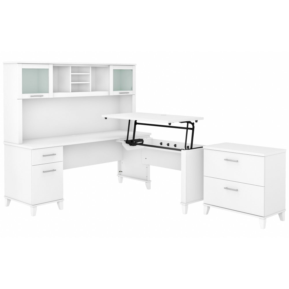 Shop Bush Furniture Somerset 72W 3 Position Sit to Stand L Shaped Desk with Hutch and File Cabinet, Image 02, SET016WH, #color_white