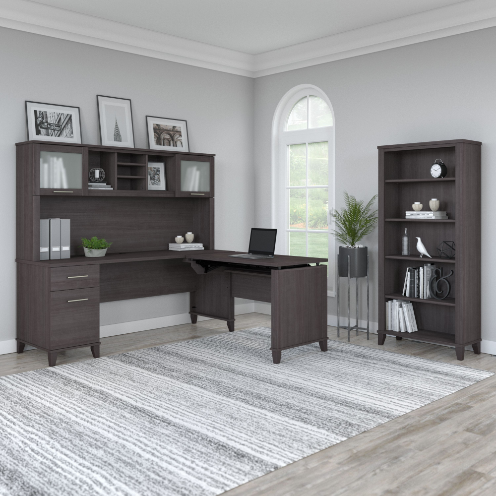 Shop Bush Furniture Somerset 72W 3 Position Sit to Stand L Shaped Desk with Hutch and Bookcase, Image 04, SET017SG, #color_storm gray
