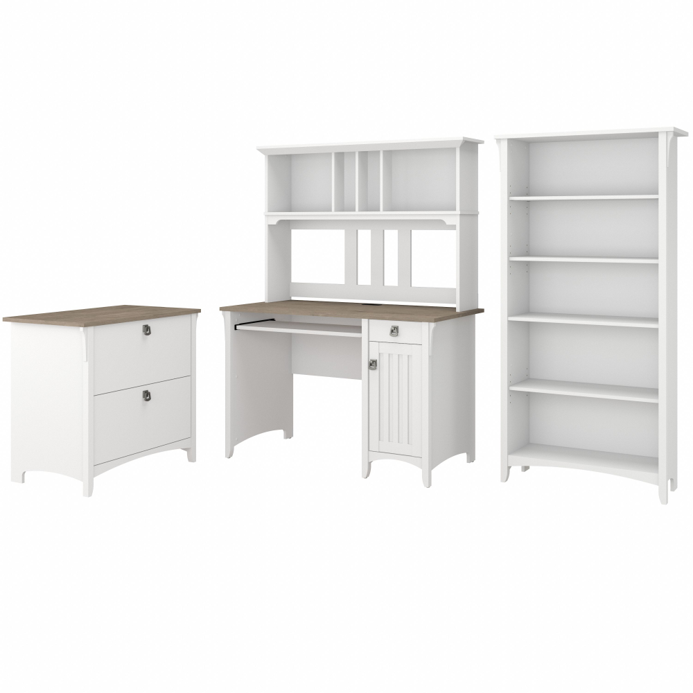 Shop Bush Furniture Salinas Mission Desk with Hutch, Lateral File Cabinet and 5 Shelf Bookcase, Image 02, SAL002G2W, #color_shiplap gray/pure white