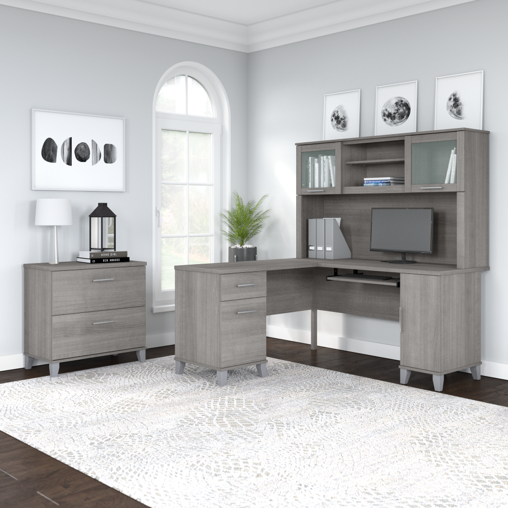 Shop Bush Furniture Somerset 60W L Shaped Desk with Hutch and Lateral File Cabinet, Image 01, SET008PG, #color_platinum gray