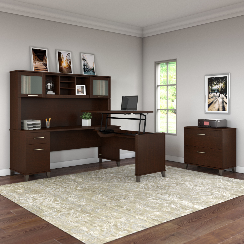 Shop Bush Furniture Somerset 72W 3 Position Sit to Stand L Shaped Desk with Hutch and File Cabinet, Image 01, SET016MR, #color_mocha cherry