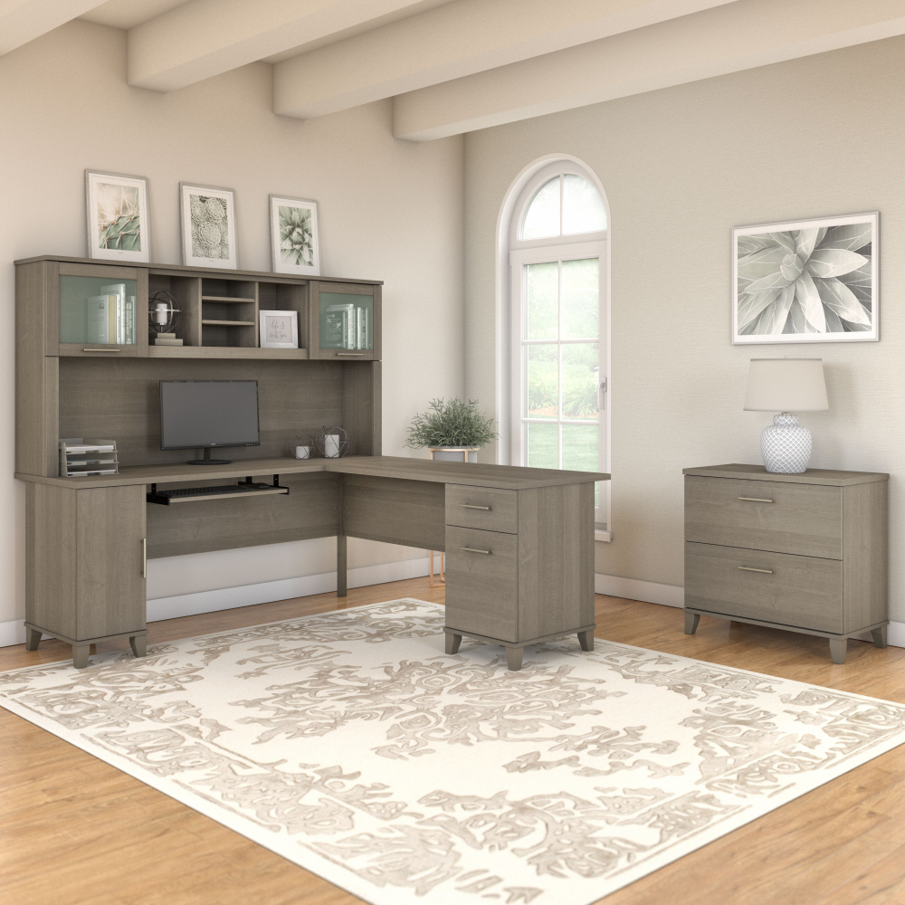 Shop Bush Furniture Somerset 72W L Shaped Desk with Hutch and Lateral File Cabinet, Image 01, SET009AG, #color_ash gray