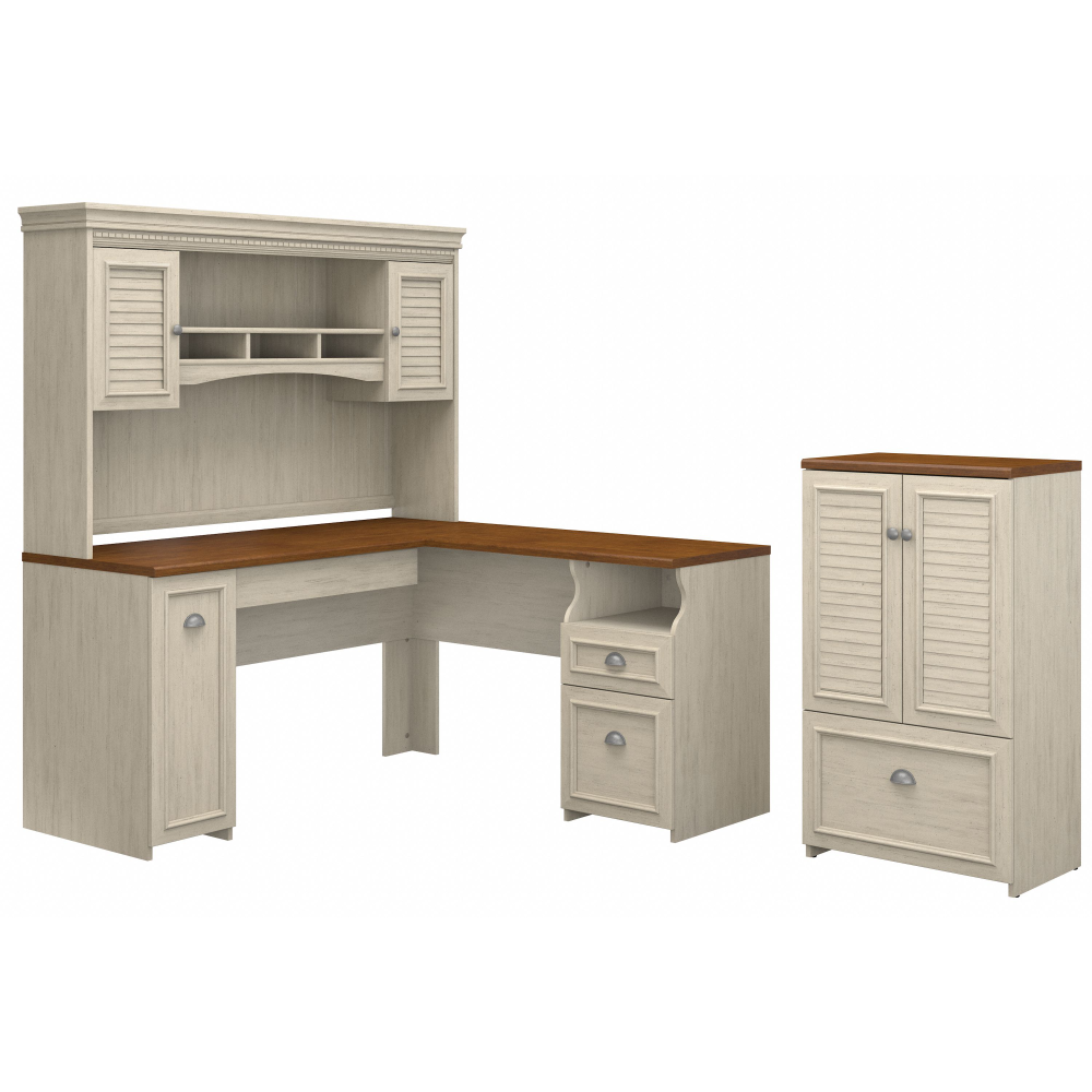 Shop Bush Furniture Fairview 60W L Shaped Desk with Hutch and Storage Cabinet with File Drawer, Image 02, FV010AW, #color_antique white/tea maple
