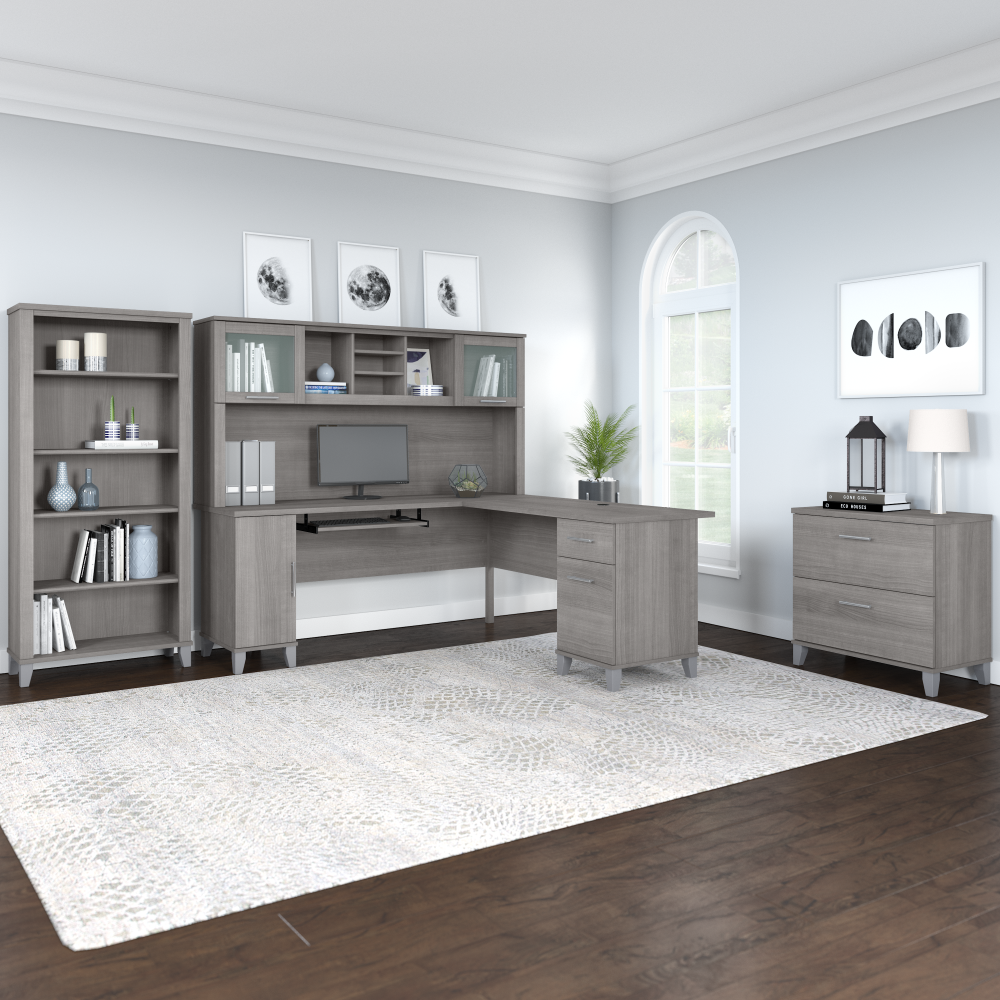 Shop Bush Furniture Somerset 72W L Shaped Desk with Hutch, Lateral File Cabinet and Bookcase, Image 01, SET012PG, #color_platinum gray