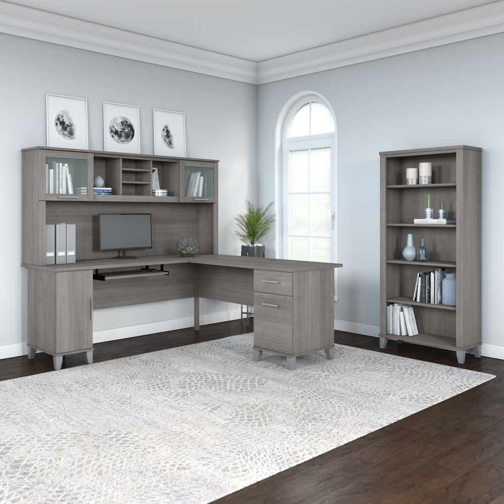 Shop Bush Furniture Somerset 72W L Shaped Desk with Hutch and 5 Shelf Bookcase, Image 01, SET011PG, #color_platinum gray
